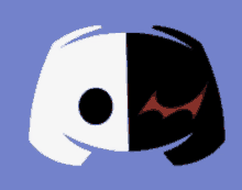 a black and white discord logo with a red bat on it