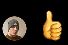 a man wearing a beanie next to a thumbs up emoji