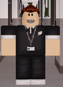 a roblox character with a lanyard around his neck and a name tag on his neck