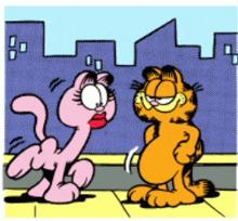 a cartoon drawing of garfield and a pink cat