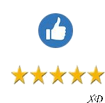 a blue circle with a thumbs up and five stars .