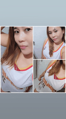 a woman wearing a jersey with the number 23 on it takes a selfie