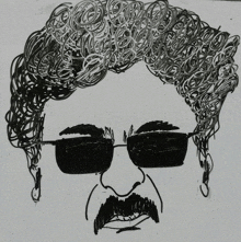 a black and white drawing of a man with sunglasses