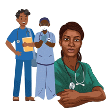 an illustration of a group of doctors and nurses including a woman with a stethoscope around her neck