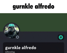 a gorilla wearing a green hat with the name gurnkle alfredo underneath it