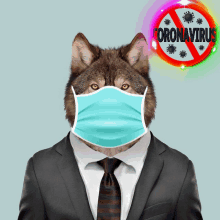 a wolf wearing a face mask in front of a sign that says " coronavirus "