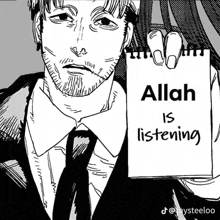 a man in a suit and tie is holding a notepad that says allah is listening