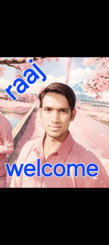 a man in a pink shirt is standing in front of a pink background with the words welcome written on it