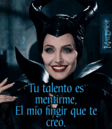 a poster for maleficent shows a woman with horns and says " tu talento es mentirme "