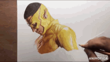 a drawing of a man in a yellow superhero costume is made by animatica