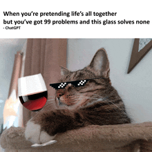 a cat wearing sunglasses holding a glass of wine