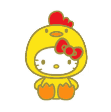 hello kitty is dressed in a yellow chicken costume