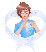 a drawing of a boy with glasses making a heart with his hands and a ribbon that says " trust your heart "