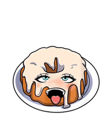 a cartoon drawing of a cinnamon roll with icing and a face on a plate .