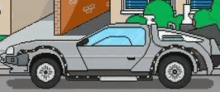 a pixel art illustration of a back to the future car driving down a street .