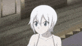 a naked anime girl with white hair and blue eyes looks angry