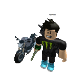 a roblox character is standing next to a motorcycle holding a gun .