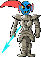 a pixel art of a knight with a blue face