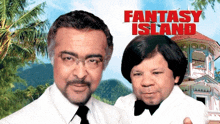 two men standing next to each other in front of a fantasy island poster