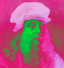 a pink and green painting of a man with long hair