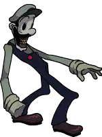 a cartoon drawing of a man in overalls and a hat pointing
