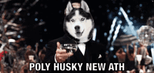 a man with a husky on his head holds a glass of wine and says " poly husky new ath "