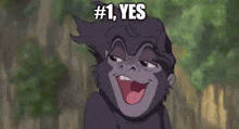 a gorilla from the lion king is smiling with his tongue out and says `` # 1 , yes '' .