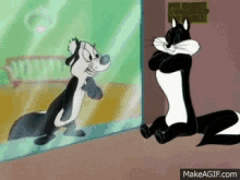 a cartoon of a skunk looking at itself in the mirror