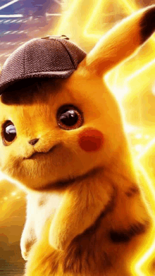 a close up of a pikachu wearing a hat in a movie .