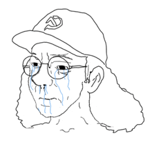 a black and white drawing of a man wearing glasses and a baseball cap crying .