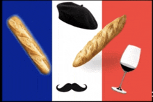 a beret a baguette a mustache and a glass of wine on a french flag