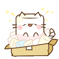 a cartoon cat is sitting in a cardboard box with marshmallows