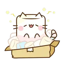 a cartoon cat is sitting in a cardboard box with marshmallows