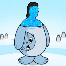 a cartoon drawing of a seal with a man inside of it and penguins in the background