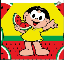 a cartoon girl is holding a slice of watermelon in her hand .