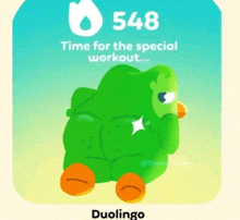 a cartoon of a green duck with the words time for the special workout on it