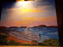 a painting of a woman standing on a beach with a sunset in the background is signed by k. lee