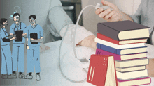 a stack of books sits on a table next to a person taking a blood pressure