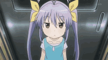 a little girl with purple hair and yellow bows on her ears is looking at the camera