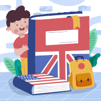 a boy peeking out from behind a stack of books with an american flag and british flag on them