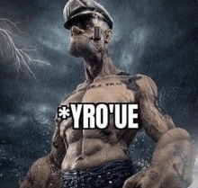 popeye is standing in the rain with a lightning bolt behind him and the words yro 'ue on his chest .