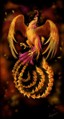 a painting of a phoenix with the letters aep on the bottom left