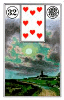 a playing card with a picture of a landscape and hearts on it