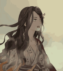 a drawing of a girl with long hair and a bloody mouth