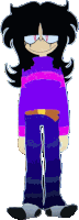 a cartoon character wearing a purple sweater and blue pants