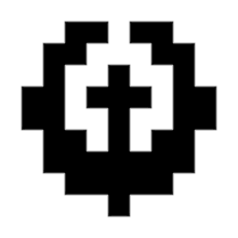 a black and white pixel art heart with a cross in the center .