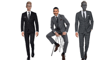 three men in suits are standing next to each other and one is sitting on a stool