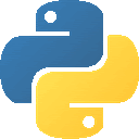 a blue and yellow python logo with a white circle in the middle on a white background .