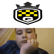 a boy with his hand on his chin next to a logo that says g