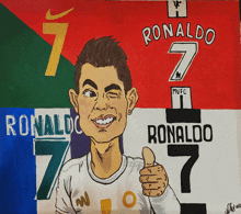 a drawing of ronaldo giving a thumbs up in front of his jerseys